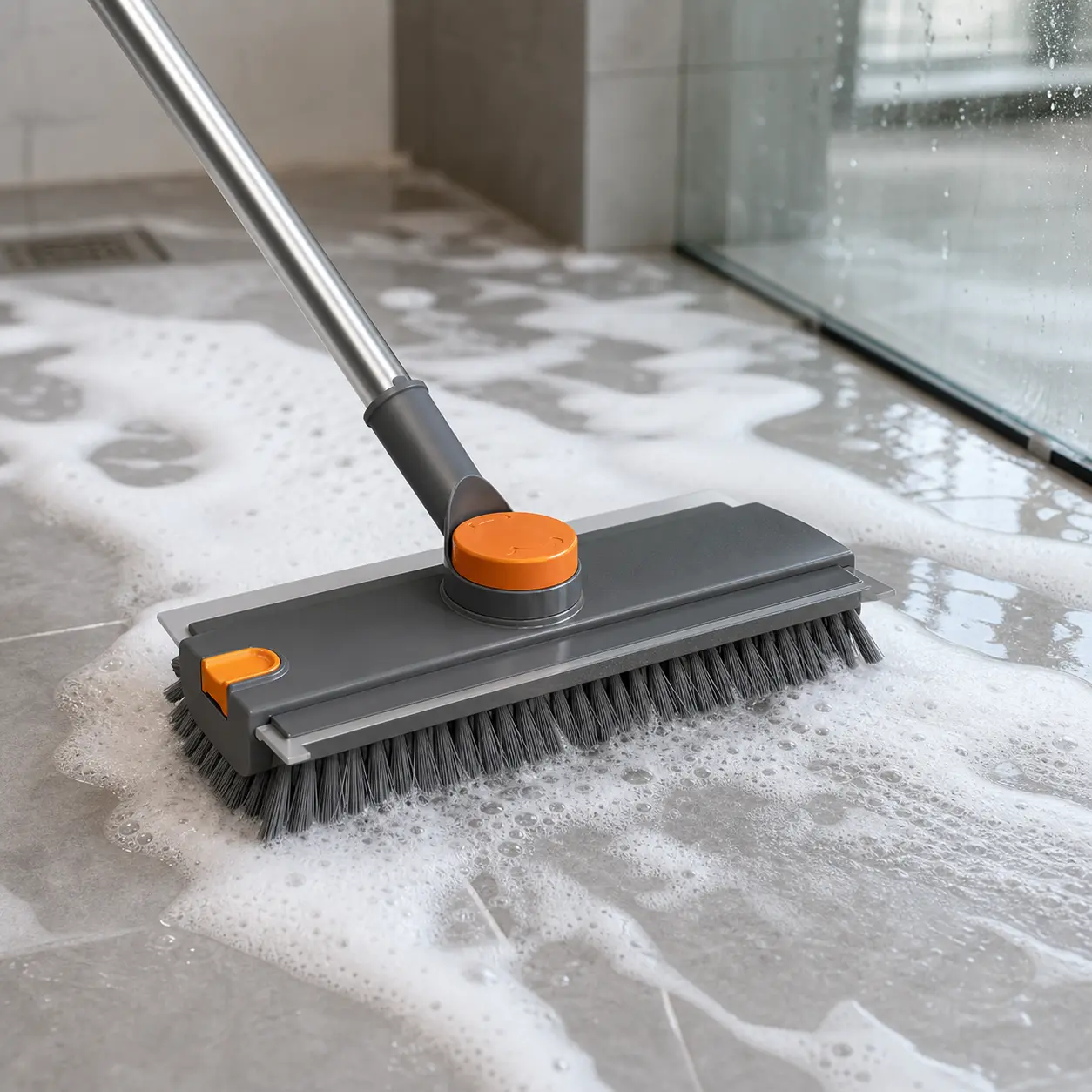 360° Rotating V-Shaped Floor Scrubber Brush with Sturdy Unflagged Stiff Bristles, 28 to 52 in Stainless Steel Adjustable Long Handle, Silicone Squeegee for Heavy Duty Bathroom Tile, Garage Cleaning