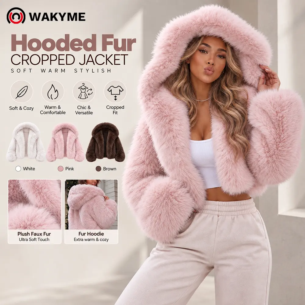Women's Faux Fur Hooded Jacket, Soft Fuzzy Winter Coat, Warm Plush Outerwear, Relaxed Fit Casual Jacket for Fall & Winter