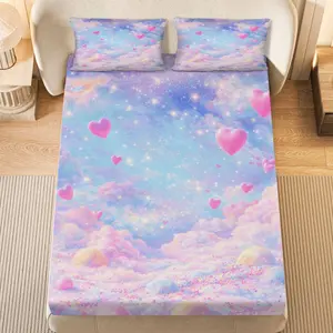 3Pcs Fantasy Heart Cloud Fitted sheet Three Piece Set (1*Fitted Sheet+2*Pillowcases, Coreless), Valentine's Day theme, Romantic Dream Bedding Set, Mattress protector Soft, Breathable
