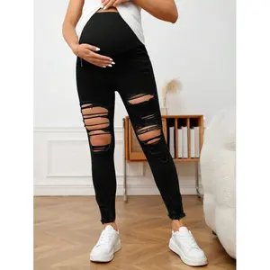 Maternity Adjustable Waist Color Block Ripped Slim Fit Casual Jeans