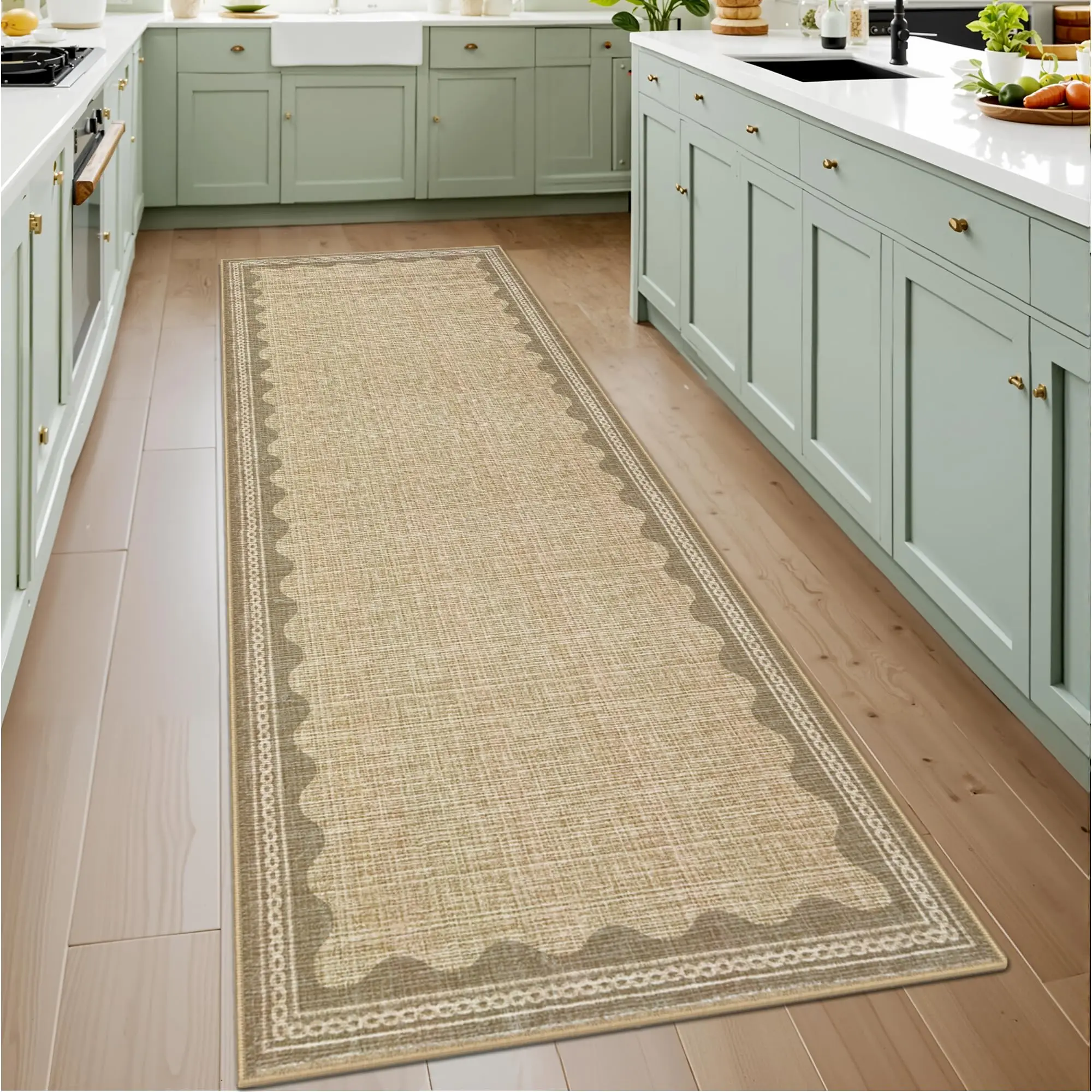 2x6 Washable Runner Rug - Non-Slip Solid Tan Jute, Modern Scalloped Design, Soft Low-Pile Carpet - Ideal for Hallway, Kitchen, Entryway, Laundry Room