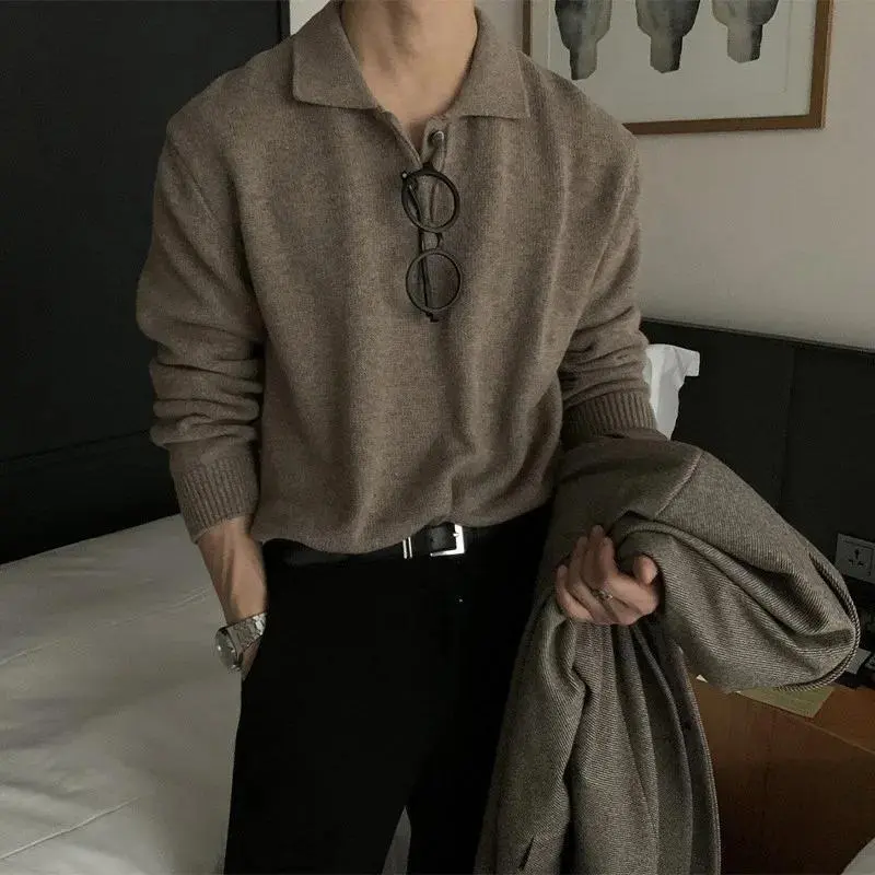 Men's Mock Neck Knitted Sweater - Korean Style Light Luxury Longsleeves Plain Solid Color Casual Streetwear Knitwear Tops, B089 Black, M