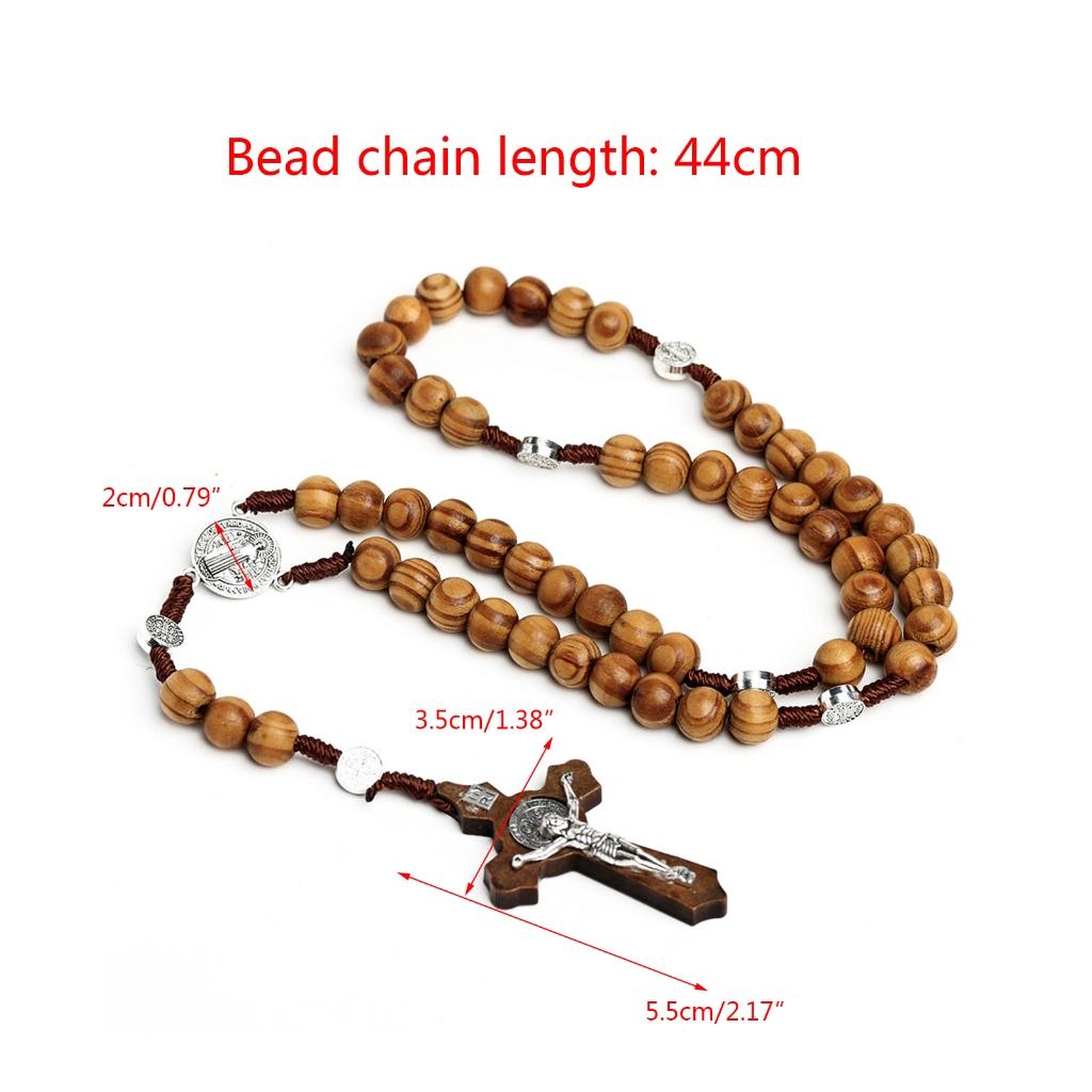 Wood Bead Cross Rosary Necklace Holy Jewelry Charm Ornaments