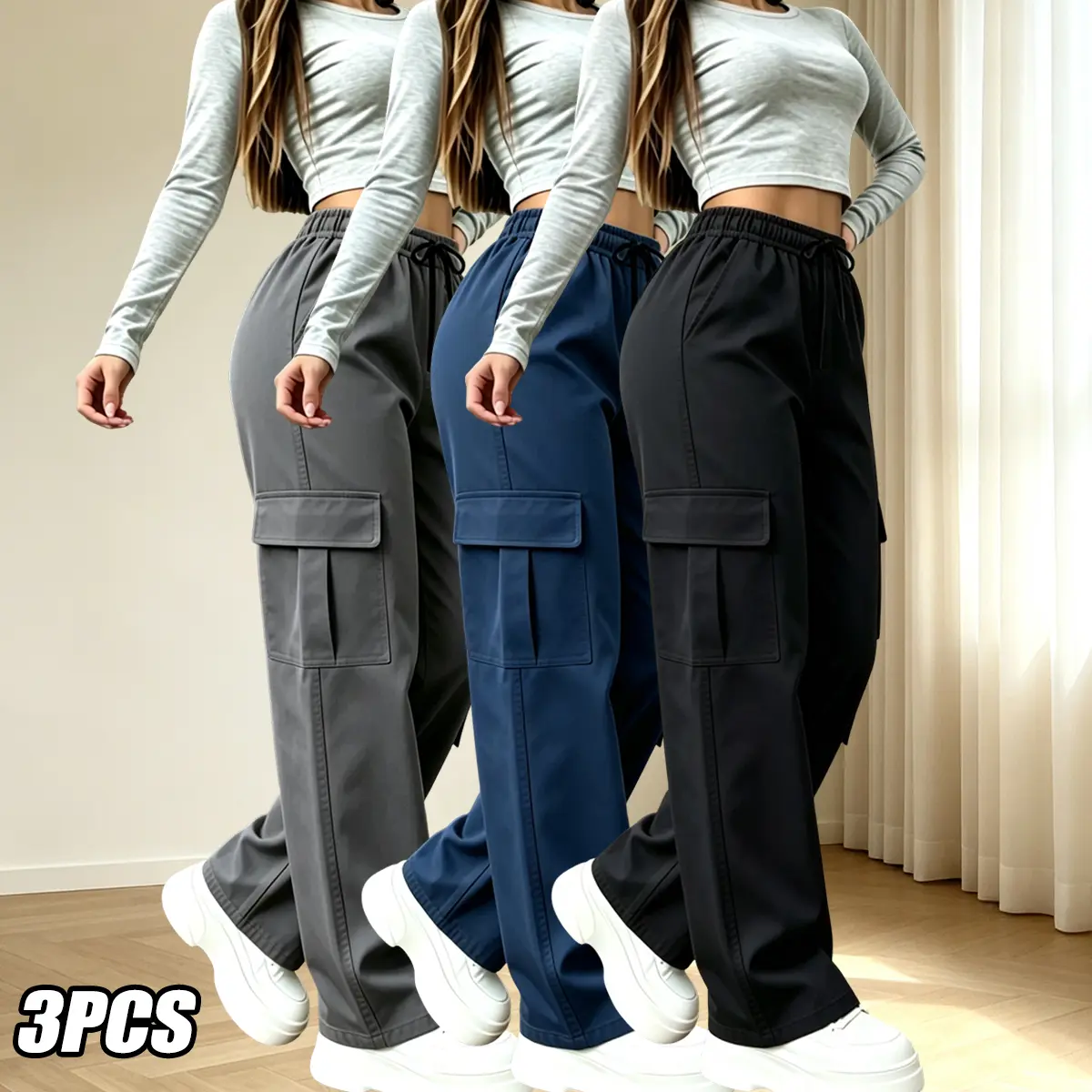 Women’s solid-color casual cargo pants, 3-pack. Elastic waistband with drawstring, multiple pockets including flap pockets. Suitable for all seasons, loose and relaxed fit, ideal for everyday wear, outings, and work. Machine washable.