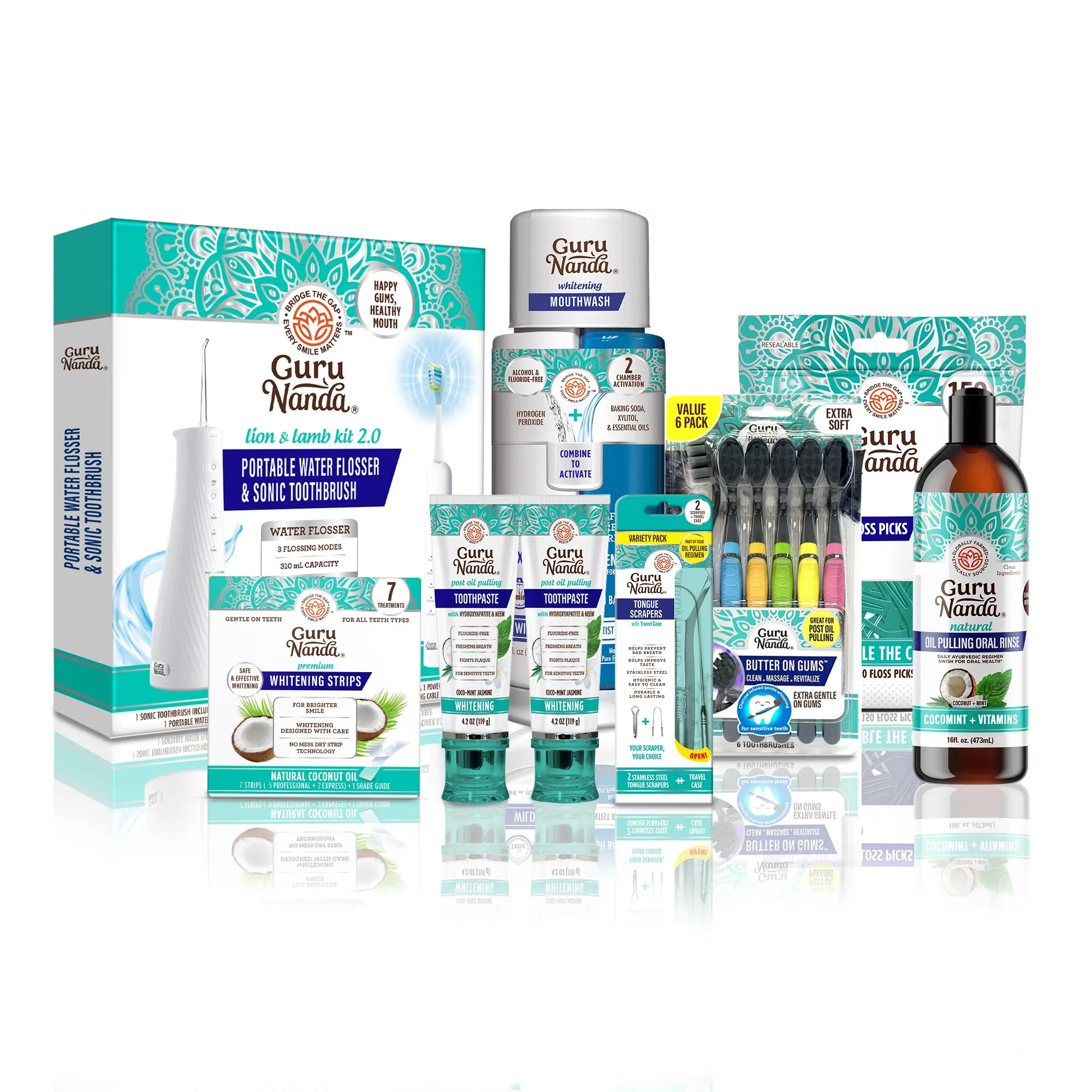 GuruNanda 7-Step Regimen 2.0 - Oil Pulling, Mouthwash, Toothpaste, Whitening Strips, Electric Toothbrush & Flosser,  Butter on Gums  & Tongue Scrapers