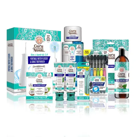 GuruNanda 7-Step Regimen 2.0 - Oil Pulling, Mouthwash, Toothpaste, Whitening Strips, Electric Toothbrush & Flosser,  Butter on Gums  & Tongue Scrapers
