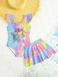 Women's K-Pop Rainbow Starry Sky Tropical Print Swimsuit Set, Slim Fit One Piece Swimwear & Sequined Cover Up Two-Piece Bathing Suit