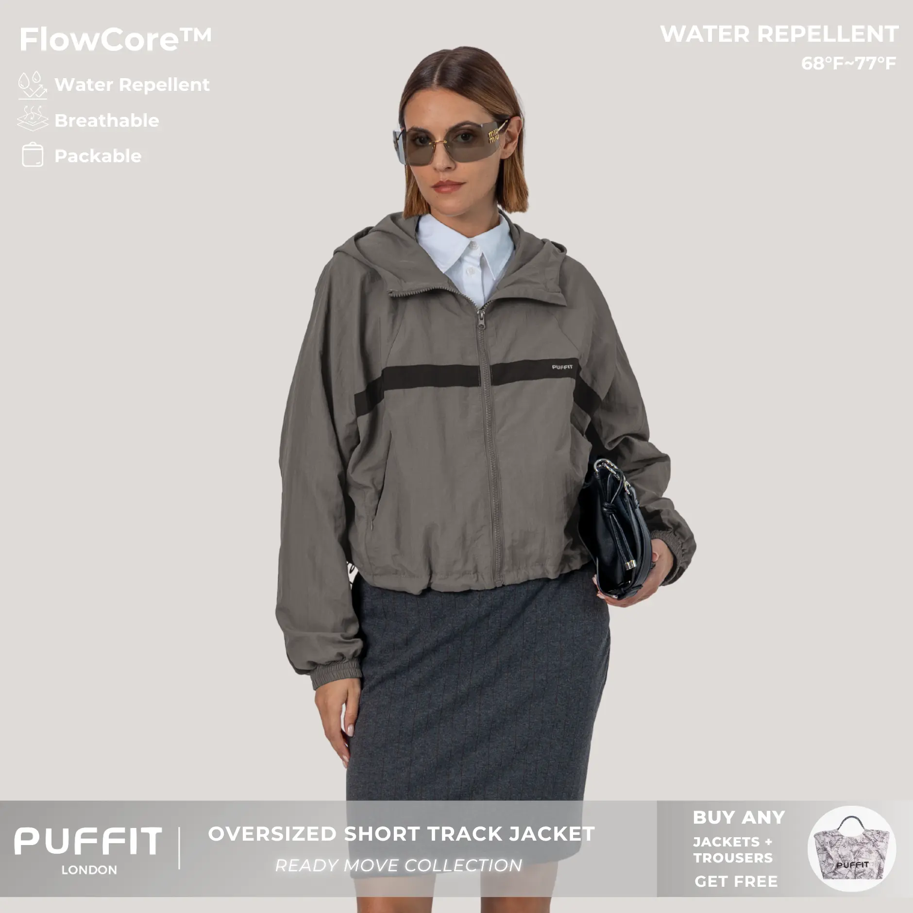 PUFFIT FlowCore Water Repellent Oversized Short Track Jacket with Elasticated Hem,Loose Fit,Windproof,Breathable,Packable,Lightweight,Outdoor Jacket,Spring Autumn,Casual Daily,Running,Hiking,Travel,Shopping,2026