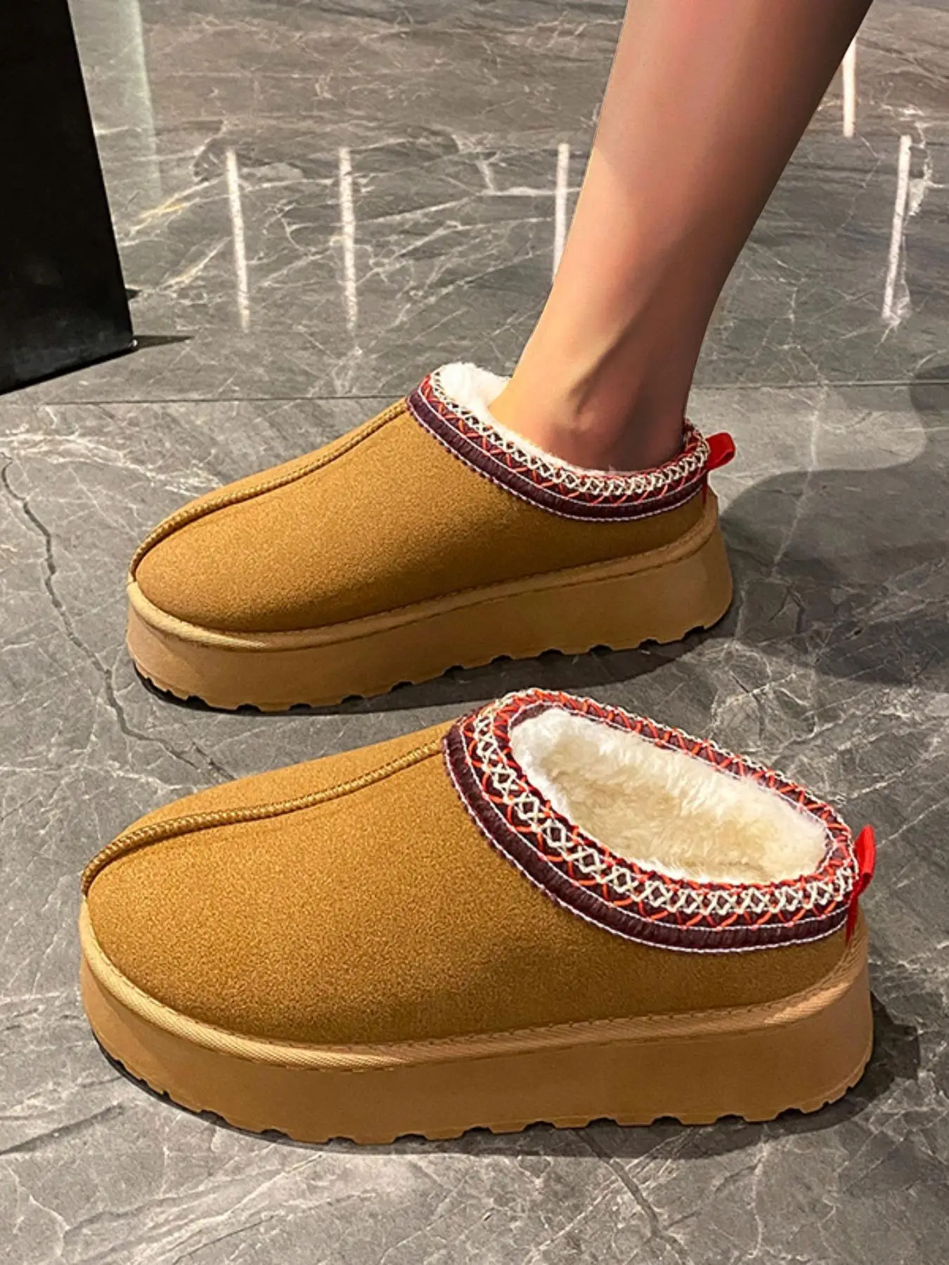 Women's Solid Color Embroidering Trim Design Plush Slip on Snow Boots, Casual Comfortable Warm Snow Boots for Fall & Winter, Fluffy All-match Boots fo