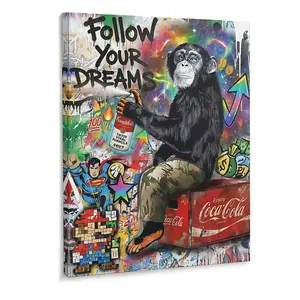 Graffiti Chimpanzee Pattern Canvas Wall Art Painting with Frame, Modern Artistic Artwork for Home Living Room Bedroom Office Decor, Ideal Gift