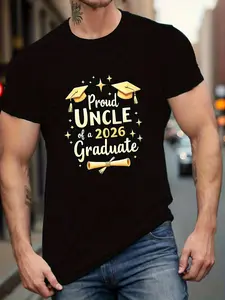 2026 Men's Graduation Commemorative T-Shirt - Gold Graduation Cap and Diploma Print, Proud Uncle Gift, Breathable Short-Sleeve Crew Neck Shirt, Suitable for Graduation Parties, Daily Wear, Can Be Used as an Uncle's Graduation Gift, Suitable for All Season