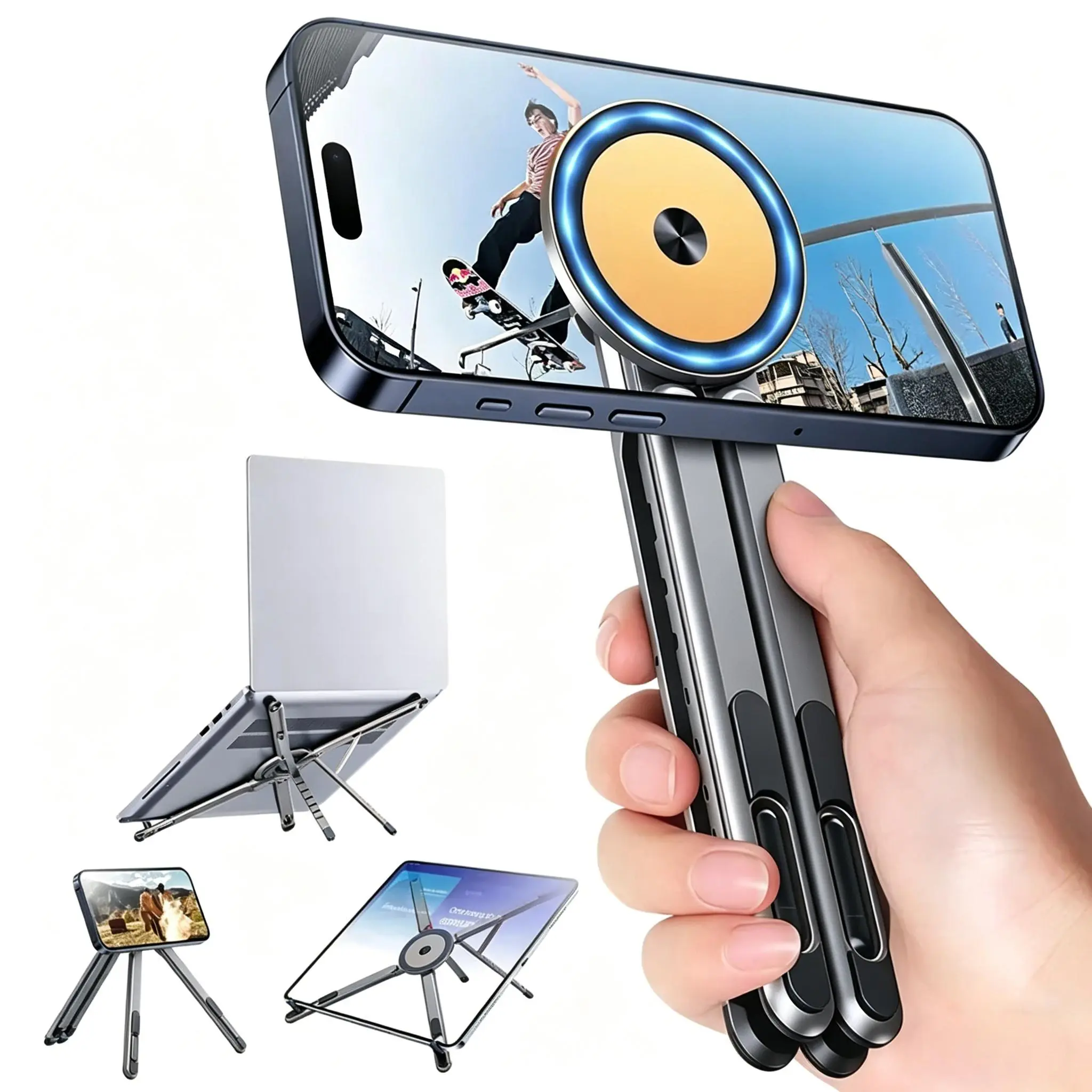 Foldable Adjustable Magnetic Phone Holder, Strong Adsorption Portable Desktop Stand, Multi Device Support for Student Office Worker, Travel Live Streaming Photography Universal Bracket-YY0