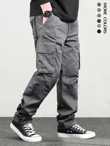 Men's Solid Flap Pocket Drawstring Waist Cargo Pants, Loose Casual Relaxed Fit Street Straight Leg Trousers for Hiking Fishing Outdoor, Menswear for All Seasons, Fall Clothes, Baggy Cargo Pants