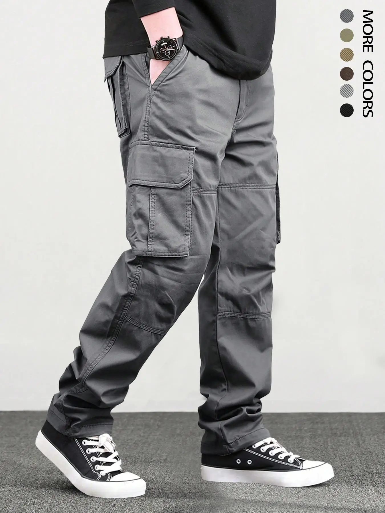 Men's Solid Flap Pocket Drawstring Waist Cargo Pants, Loose Casual Street Straight Leg Trousers for Hiking Fishing Outdoor, Menswear for All Seasons,