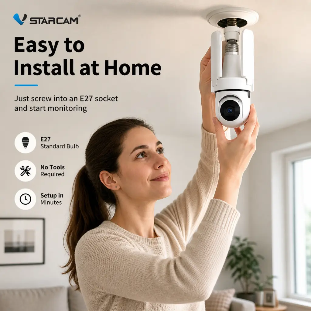 E27 Light Bulb Security Camera, Wireless Indoor WiFi Camera with 355° Pan, 90° Tilt, Motion Detection, Auto Tracking, 2-Way Audio, Color Night Vision, SD & Cloud Storage for Home Use