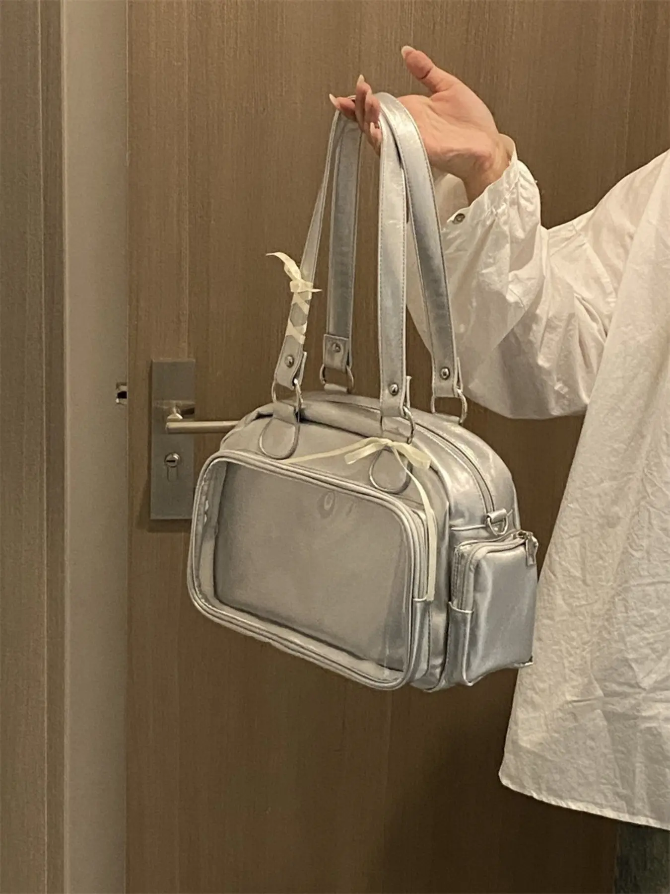 Casual Silver Ita Bag, Clear Window  with Bow Ribbon Shoulder Purse for Anime Pin & Badge Display Crossbody Shoulder Handbag, Fashionable Bags, Fashionable Versatile Purse