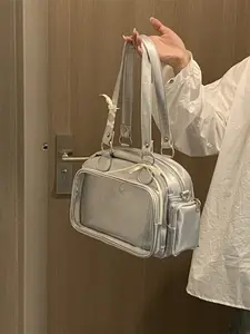 Casual Silver Ita Bag, Clear Window  with Bow Ribbon Shoulder Purse for Anime Pin & Badge Display