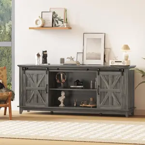 Gray 66" Large Farmhouse TV Stand for 75 Inch TVs, Rustic Wooden Entertainment Center with Barn Doors & Storage, Media Console Cabinet with Adjustable Shelves for Living Room