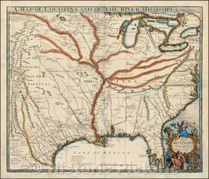 Map of Louisiana and the Mississippi River 1721 Historical Map Print