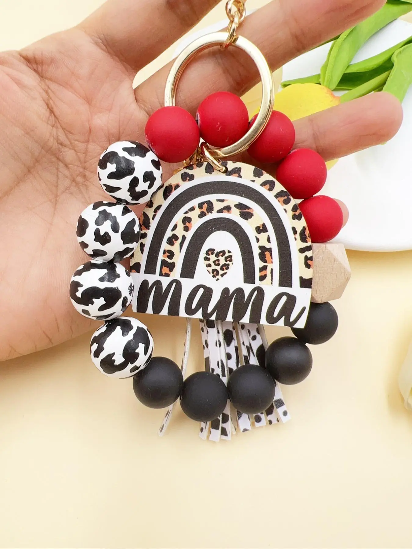 Leopard Print Mama Wristlet Keychain, Beaded Tassel Keychain, Handmade Silicone Beads Key Ring with Wooden Beads, Boho Leopard Charm Keychain Bracelet with Gold Plated Hardware, Fashion Accessory for Women Mom, Mother's Day Birthday Gift f