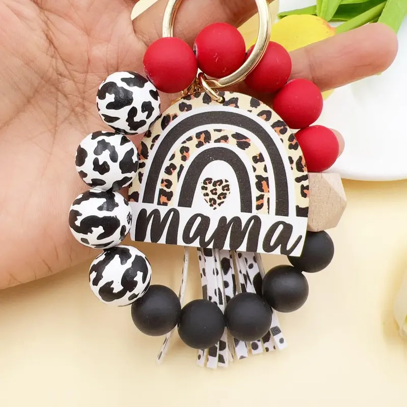 Leopard Print Mama Wristlet Keychain, Beaded Tassel Keychain, Tassel Decorated Keychain, Handmade Silicone Beads Key Ring with Wooden Beads, Boho Leopard Charm Keychain Bracelet with Gold Plated Hardware, Accessory for Women Mom, Mother's Day Gift