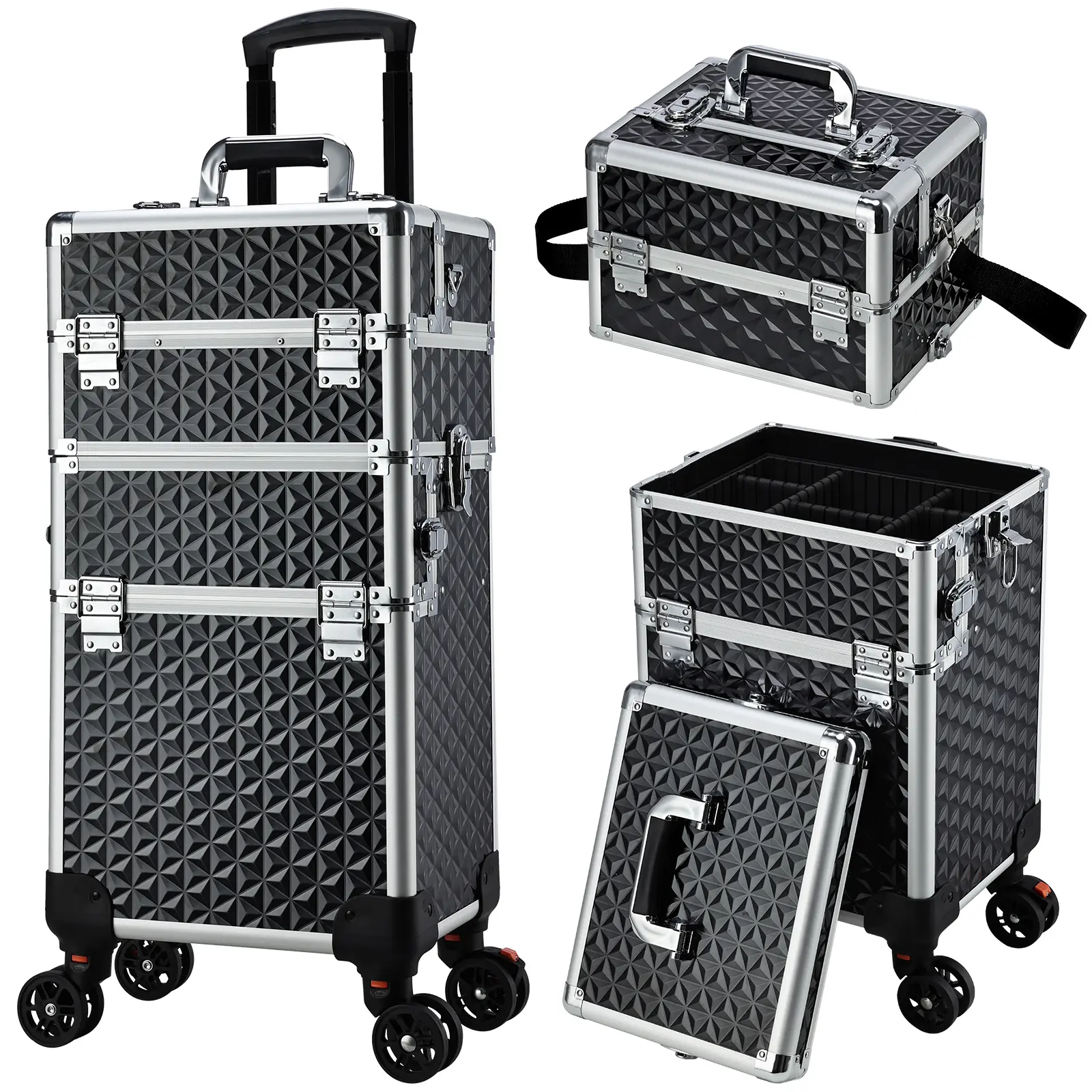 3 in 1 Rolling Makeup Train Case Organizer Large Cosmetic Trolley with Wheels Lockable Beauty Storage Suitcase for Salon and Travel