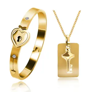 Heart Lock Bracelet and Key lace, Titanium Steel Couples Jewelry, Romantic Gifts for Valentines Birthday Anniversary (2.4inch-Gold)