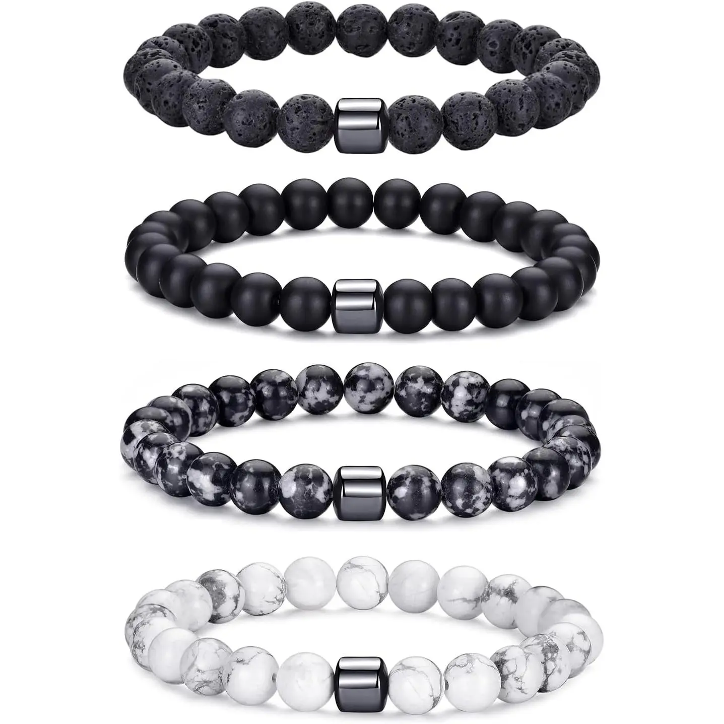 4,lava rock,black,gray,white bracelet