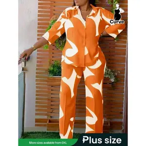Plus Size Abstract Print Co-ord Set, 3/4 Sleeve Button Front Shirt & Elastic Waist Pants Set, Women's Two-piece Outfits for Spring & Fall