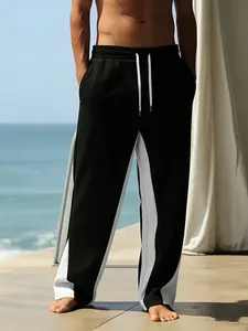 Men's Street Style Fitted Pants, Block Micro Flare Sweatpants, Loose Drawstring Casual Sports Pants, Trendy Wide Leg Trousers