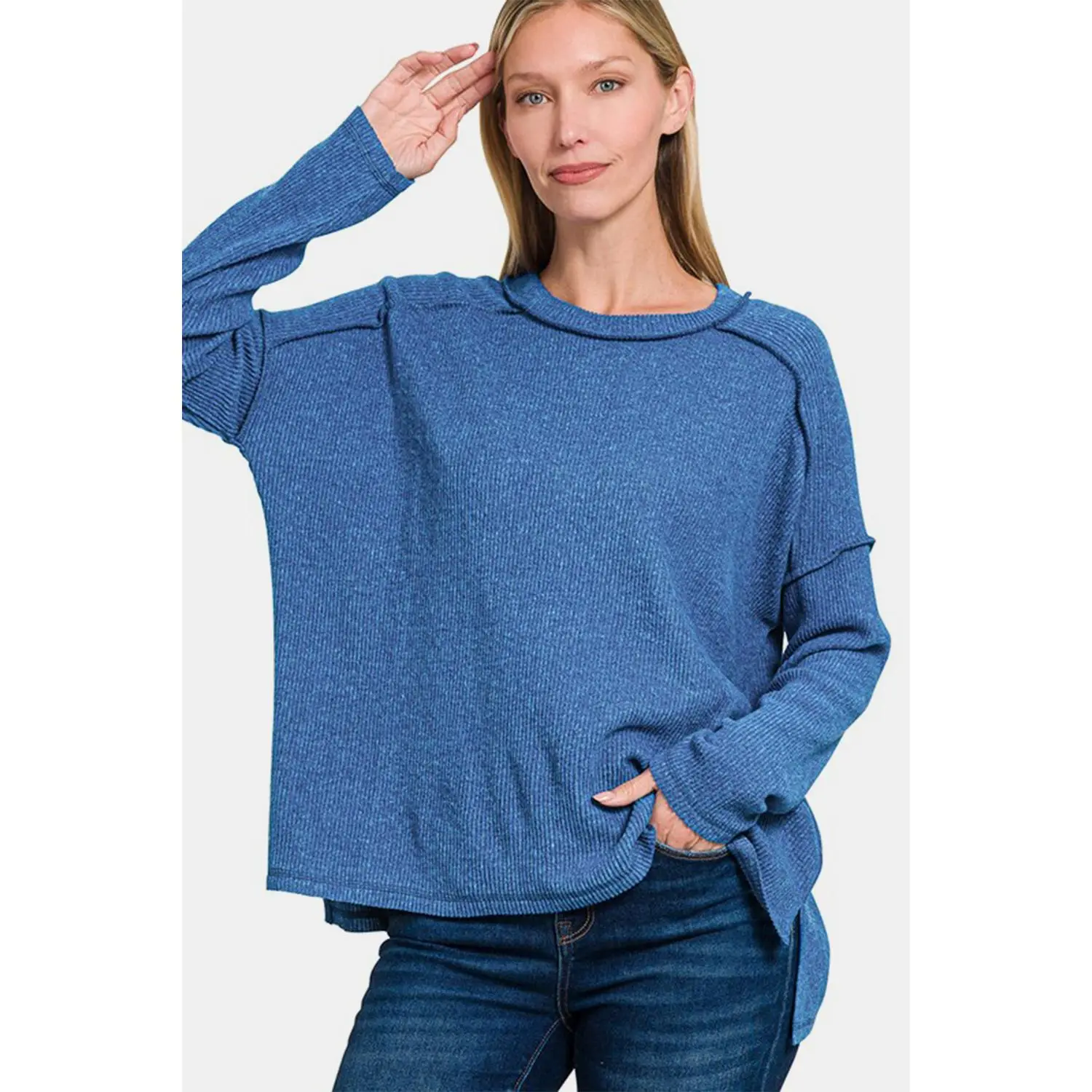 Zenana Full Size Exposed Seam Brushed Round Neck Sweater