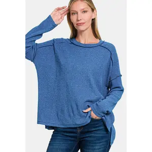Zenana Full Size Exposed Seam Brushed Round Neck Sweater
