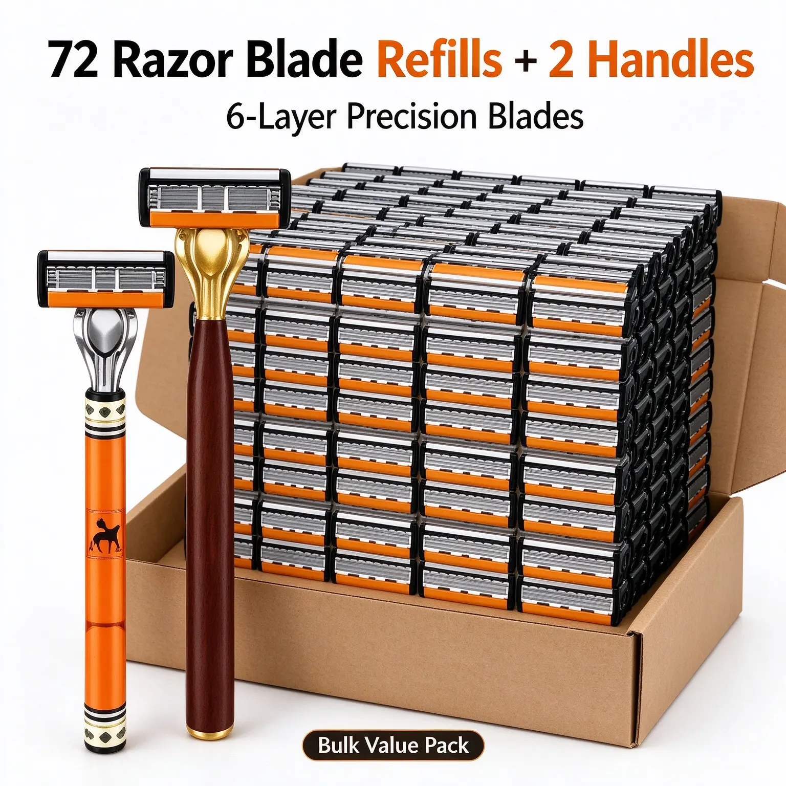 Men’s High Capacity 6-Blade Stainless Steel No Nicks Shaving Razor Kit with 72 Replacement Blades Cartridges, Lubricating Strip for Daily Smooth Shaves, Gifts for Him, Default