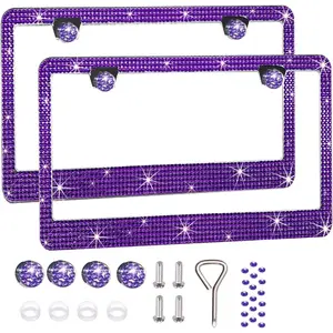 2 Pack License Plate Frames for Women, Sparkly Rhinestone Diamond Car Accessories with Glitter Crystal Caps