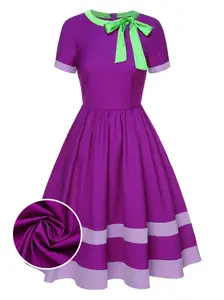 RETRO STAGE Women's 1950s Purple Solid Spliced Colorblock Short-Sleeve Tie-Neck Lady Casual Dress - Historical-Themed, Old-Fashioned, Poly, Half-Length Casual Dresses