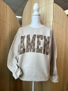 Brown Checkered AMEN Sweatshirt, Christian Apparel, Faith Based Crewneck, Religious Bible Verse Sweater, Trendy Jesus Gift for Women