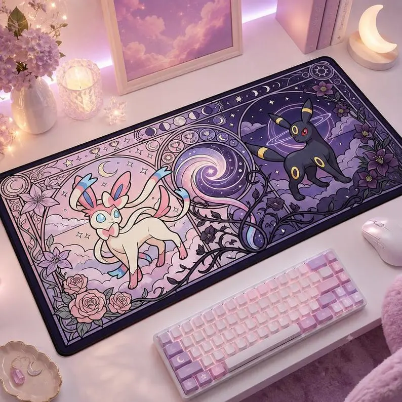Meww Crystal Pond Mouse Pad Cute Gaming Desk Mat Anime Setup Mat, TCG CCG Playmat Anime Trading Card Game Mat Gaming Desk Setups
