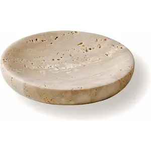Round Travertine Tray for Jewelry, Marble Trinket Dish Tray, Nightstand Decor, Coaster, Soap Dish,Sponge Holder for Bathroom, Beige Box Minimalist