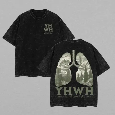 Men's Oversized Cotton T-Shirt - YHWH Bold Christian Faith-Based + Humor Mix Graphic, Crew Neck Short-Sleeve Drop-Shoulder Casual Streetwear, Washed Vintage Distressed All-Seasons Top