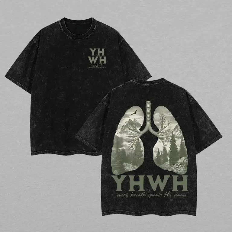 Men's Oversized Cotton T-Shirt - YHWH Bold Christian Faith-Based + Humor Mix Graphic, Crew Neck Short-Sleeve Drop-Shoulder Casual Streetwear, Washed Vintage Distressed All-Seasons Top