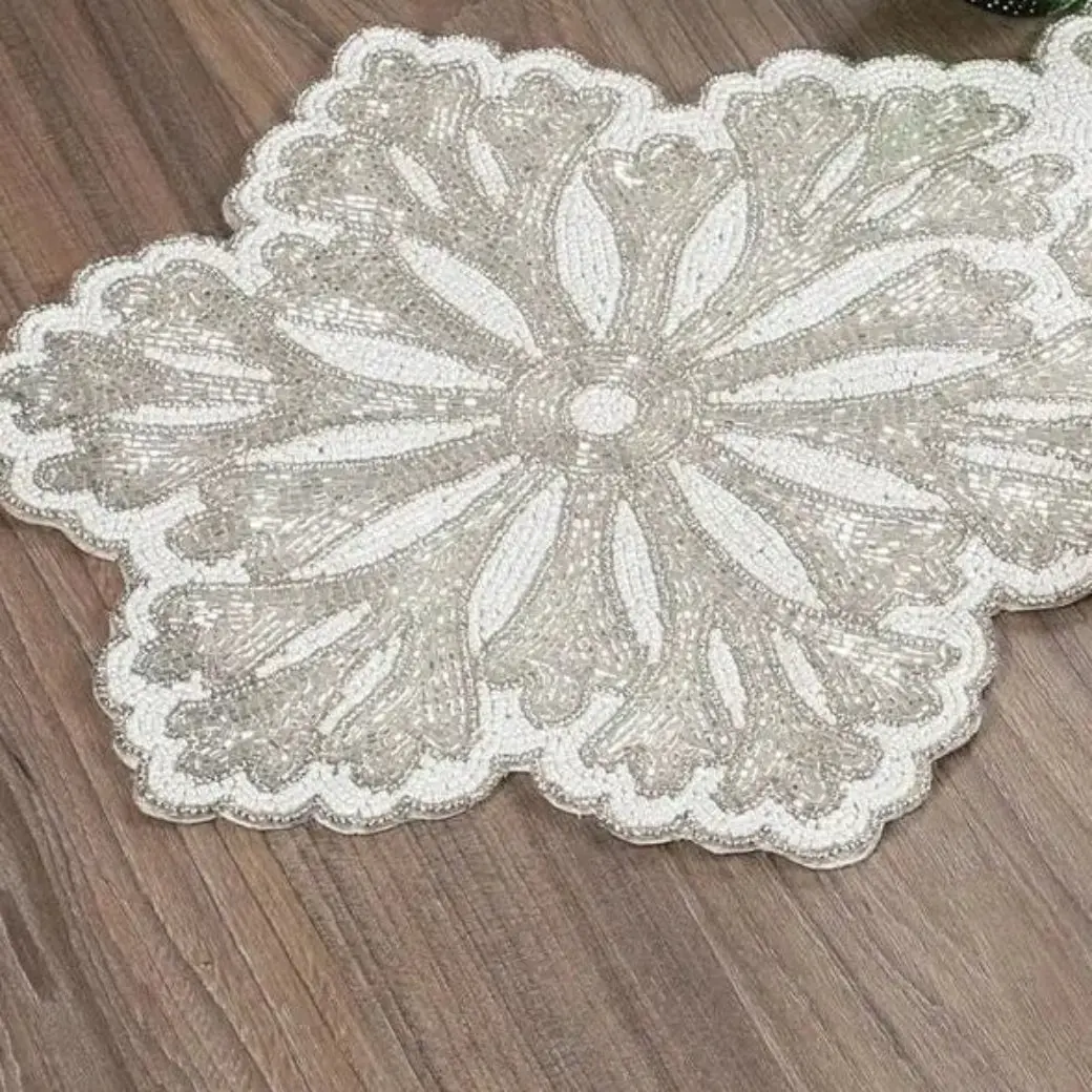 Elegant Silver-White Beaded Table Runner – Versatile Linen for Home, Weddings, Parties & Special Events