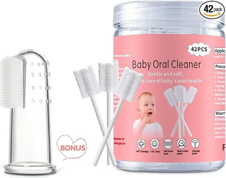 Baby Tongue Cleaner for Newborn & Infant 42 PCS Disposable Baby Oral Cleaner Gauze Gum Cleaning Sticks for Teeth Tongue & Gums Soft Dental Care for 0-36 Months Includes Free Silicone Finger Toothbrush