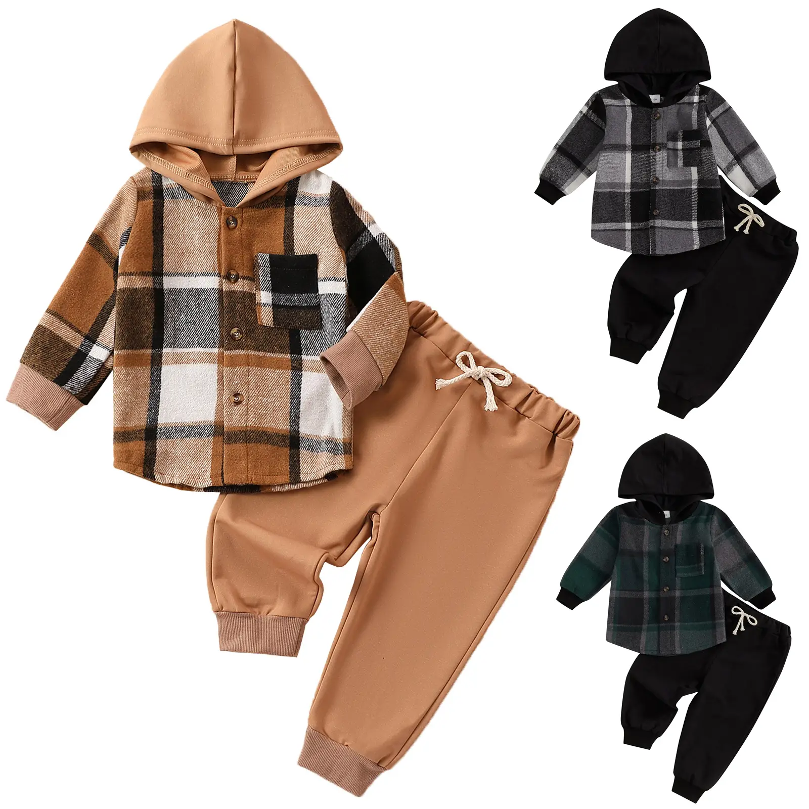 Toddler Baby Boys Outfits Long Sleeve Plaid Hooded Sweatshirt Pullover Tops Elastic Waist Long Pants Two Piece Casaul Sweatsuit