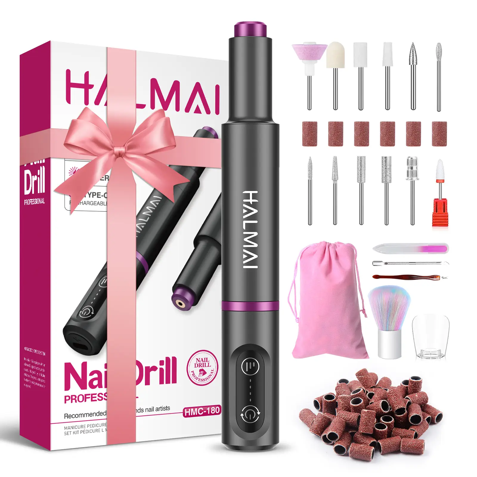 Beginner-Friendly HALMAI Electric Nail Drill Machine - Cordless, Portable, Rechargeable Nail File Kit for Acrylic Gel Nails, Professional Manicure & P