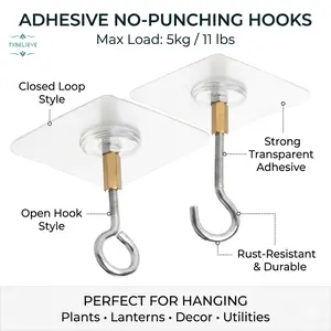 2PCS Self Adhesive Metal Ceiling Hooks Wall Mounted No Punching Plants Flower Pots Lanterns Hanging Holder Home Organizer“Transparent”