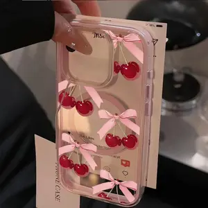 ribbon bow cherry Transparent Two Color Macaron 2-in-1 Anti Drop Premium Phone Case | Suitable for IPhone17 11 12 13 14 15 16 Pro Max Air PlusCute Cartoon Style Case Suitable for Giving Friends Birthday Gifts
