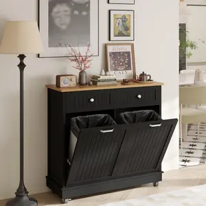 20 Gallon Double Tilt Out Trash Cabinet, Black Wooden Kitchen Base Cabinet with US Standard Power Outlets, 2 Drawers & Pet-Safe Design