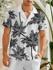 Men's Coconut Tree Print Tropical Vacation Shirt, Cuban Collar Short Sleeve, Casual Loose Fit Beach Top, Trendy Summer Clothing, Fast shipping