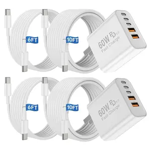 USB C  Charger Block, 60W 5-Port Type C  Block Plug and 6ft 10ft Long USB C  for   17 Pro Max/17 Air/16 Pro/15 Plus/iPad mini Air/ S26 Wall Power Adapter Cube Brick