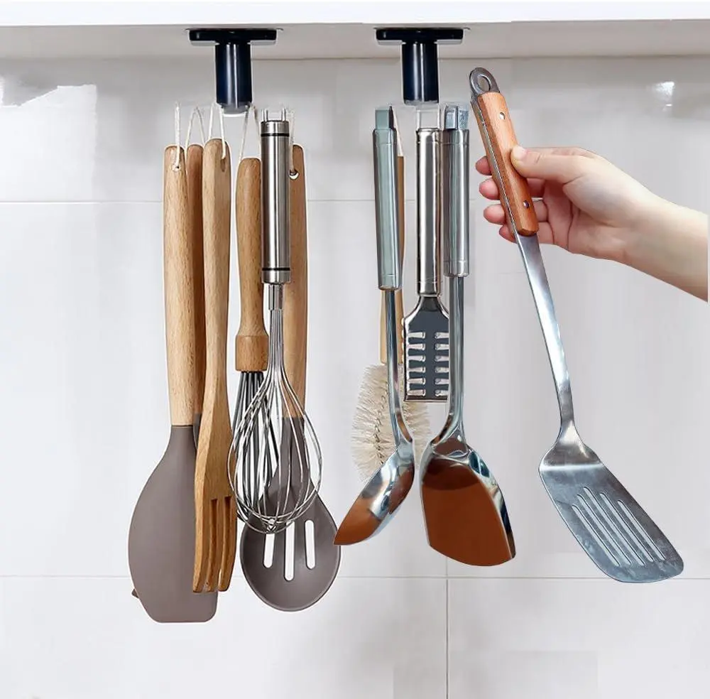 2pcs 360 °Rotation Utility Hooks,Under Cabinet Kitchen Hooks,Storage Shelf rv Must Haves,Nail Free Adhesive Kitchen Utensils Hanging Hooks for Kitchen Utensils/Tools/Towel/Knife(Black)